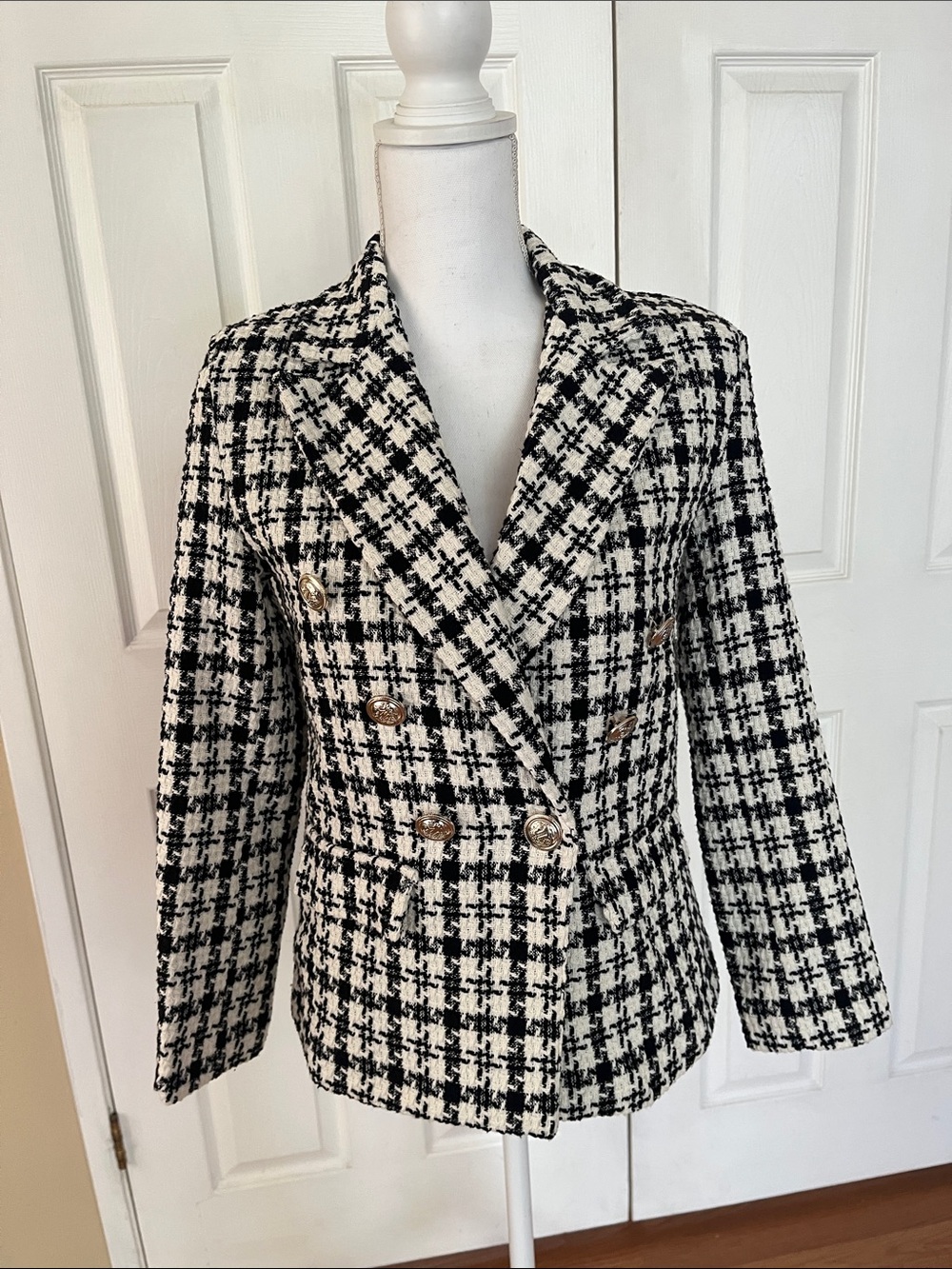 ITOO houndstooth tweed fitted blazer double-breasted silver buttons